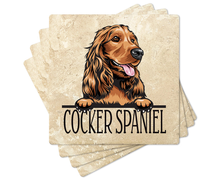 [Set of 4] 4" Premium Absorbent Travertine Dog Lovers Square Coaster - Light Brown Cocker Spaniel