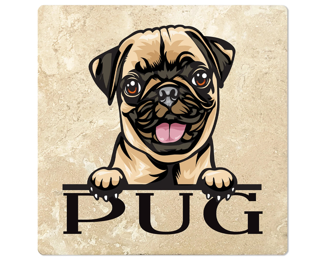 [Set of 4] 4" Square Premium Absorbent Travertine Dog Lover Coasters - Pug - Christmas by Krebs Wholesale