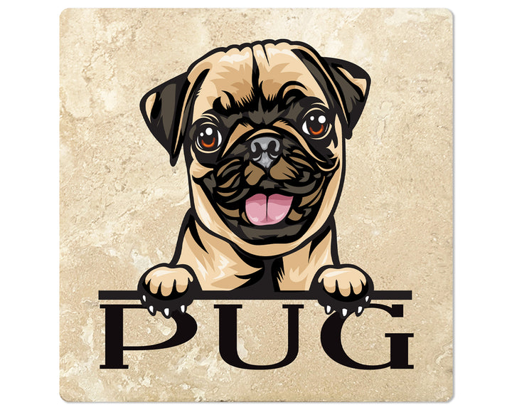 [Set of 4] 4" Premium Absorbent Travertine Dog Lovers Square Coaster - Pug