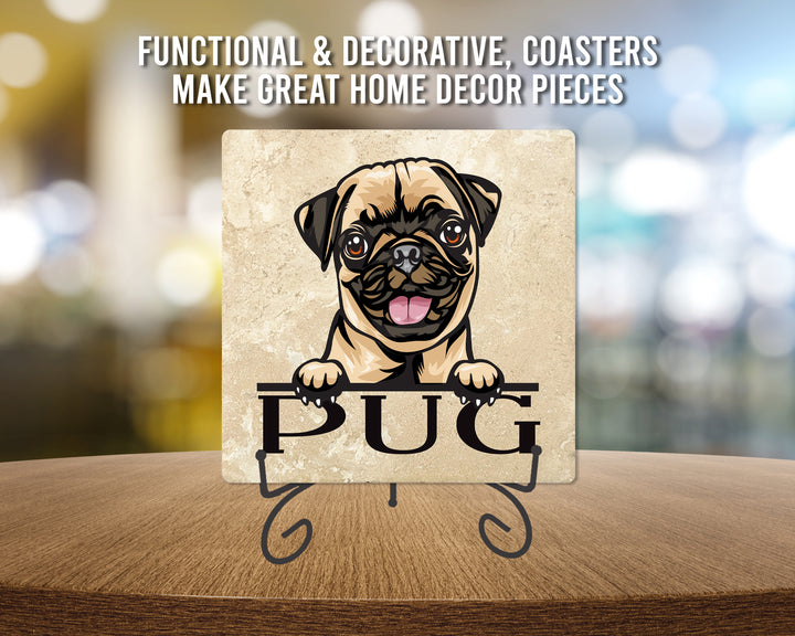 [Set of 4] 4" Premium Absorbent Travertine Dog Lovers Square Coaster - Pug