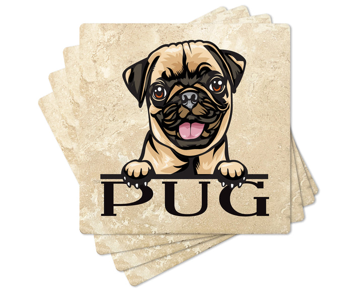 [Set of 4] 4" Premium Absorbent Travertine Dog Lovers Square Coaster - Pug