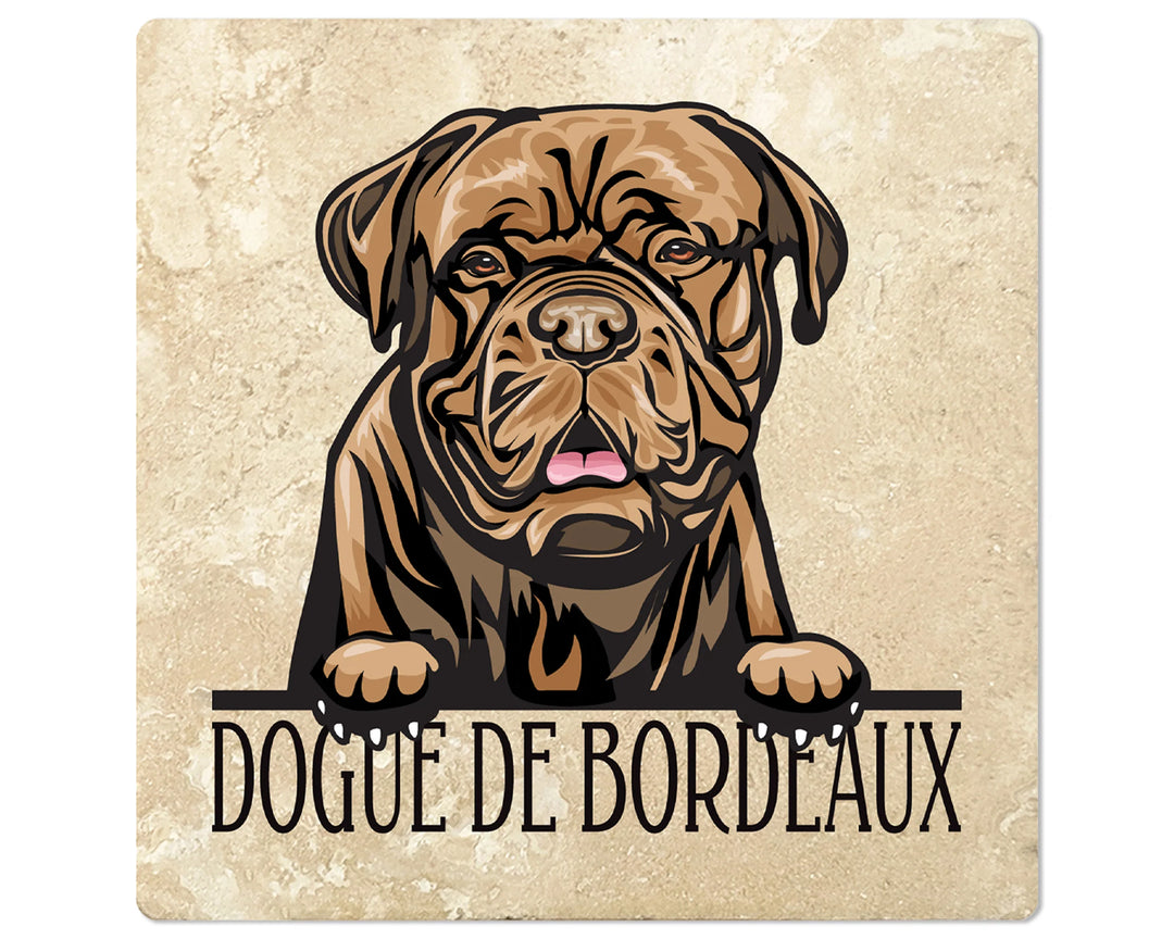 [Set of 4] 4" Square Premium Absorbent Travertine Dog Lover Coasters - Dark Brown Dogue De Bordeaux - Christmas by Krebs Wholesale