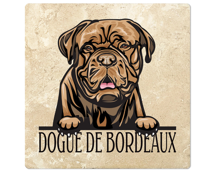 [Set of 4] 4" Premium Absorbent Travertine Dog Lovers Square Coaster - Dark Brown Dogue De Bordeaux
