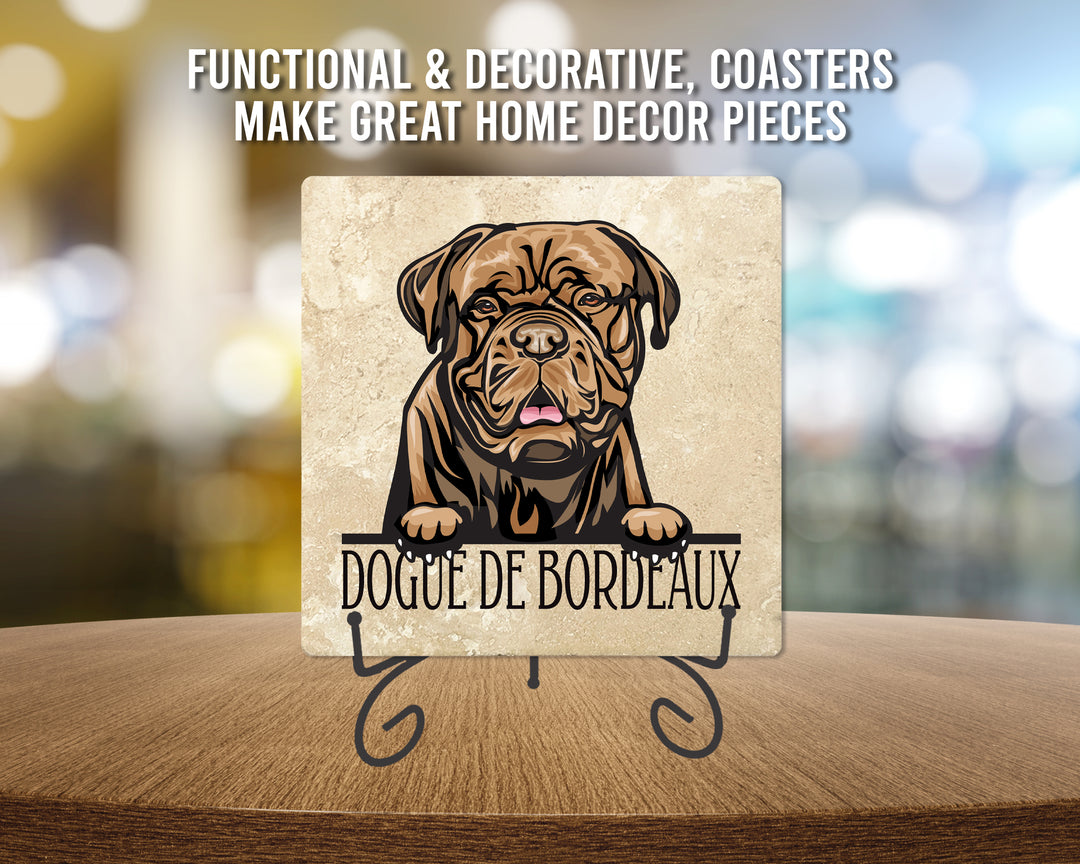 [Set of 4] 4" Premium Absorbent Travertine Dog Lovers Square Coaster - Dark Brown Dogue De Bordeaux