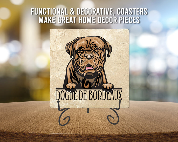[Set of 4] 4" Premium Absorbent Travertine Dog Lovers Square Coaster - Dark Brown Dogue De Bordeaux