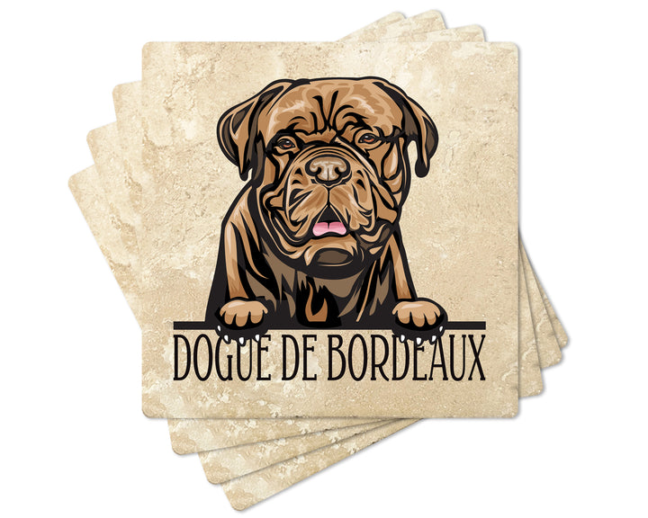 [Set of 4] 4" Premium Absorbent Travertine Dog Lovers Square Coaster - Dark Brown Dogue De Bordeaux
