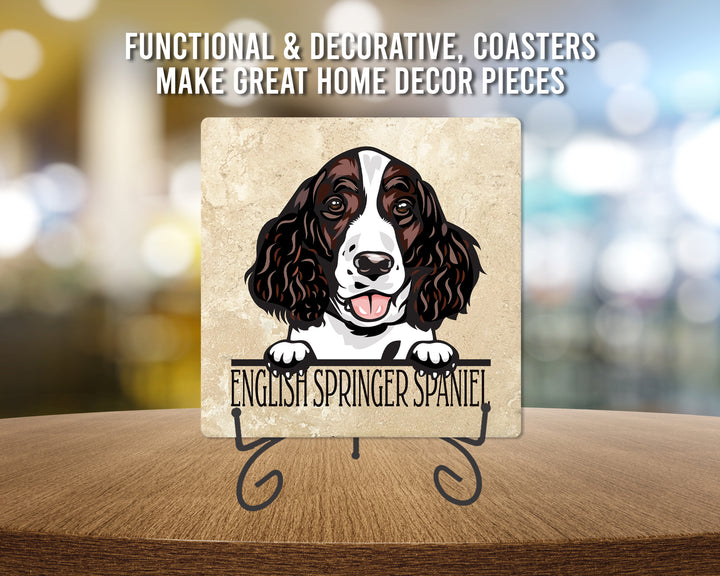 [Set of 4] 4" Premium Absorbent Travertine Dog Lovers Square Coaster - English Springer Spaniel