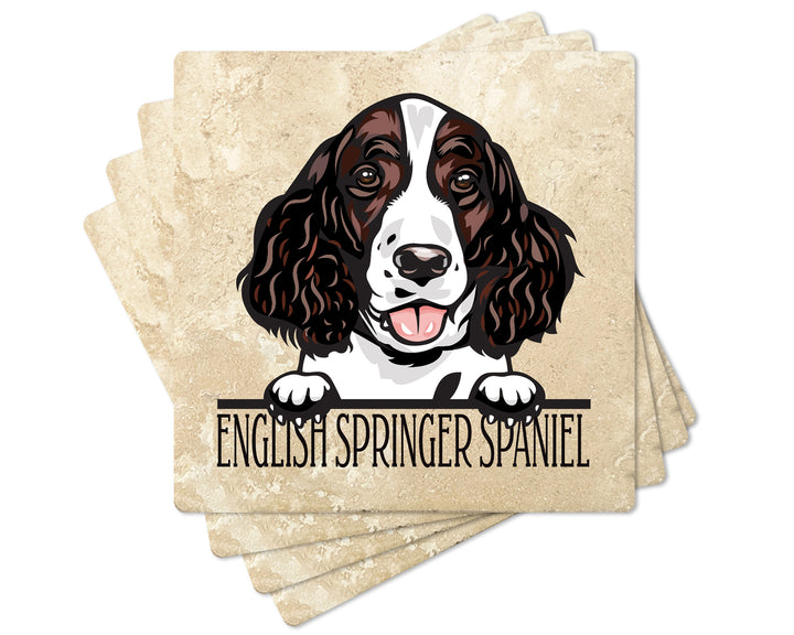 [Set of 4] 4" Premium Absorbent Travertine Dog Lovers Square Coaster - English Springer Spaniel