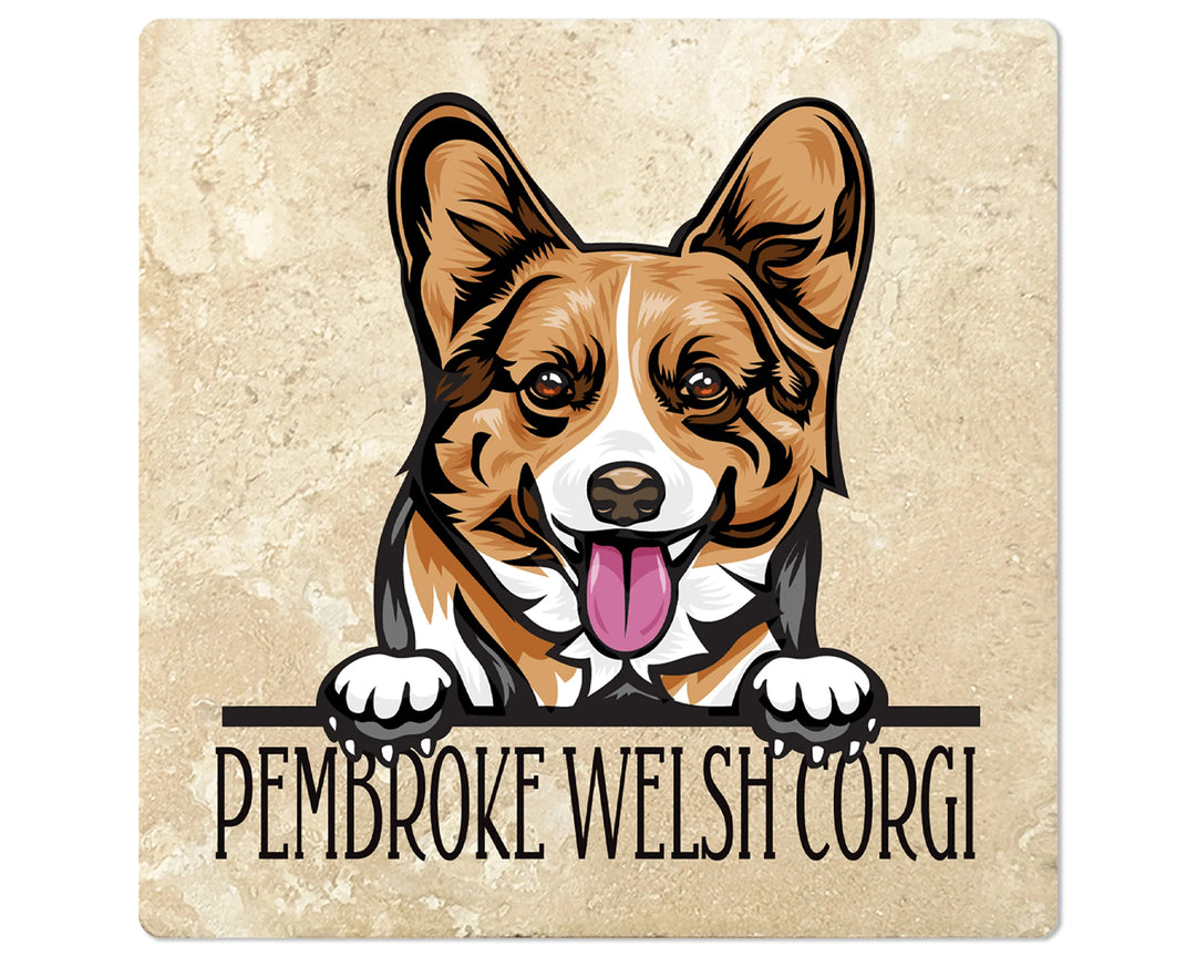 [Set of 4] 4" Square Premium Absorbent Travertine Dog Lover Coasters - Pembroke Welsh Corgi - Christmas by Krebs Wholesale