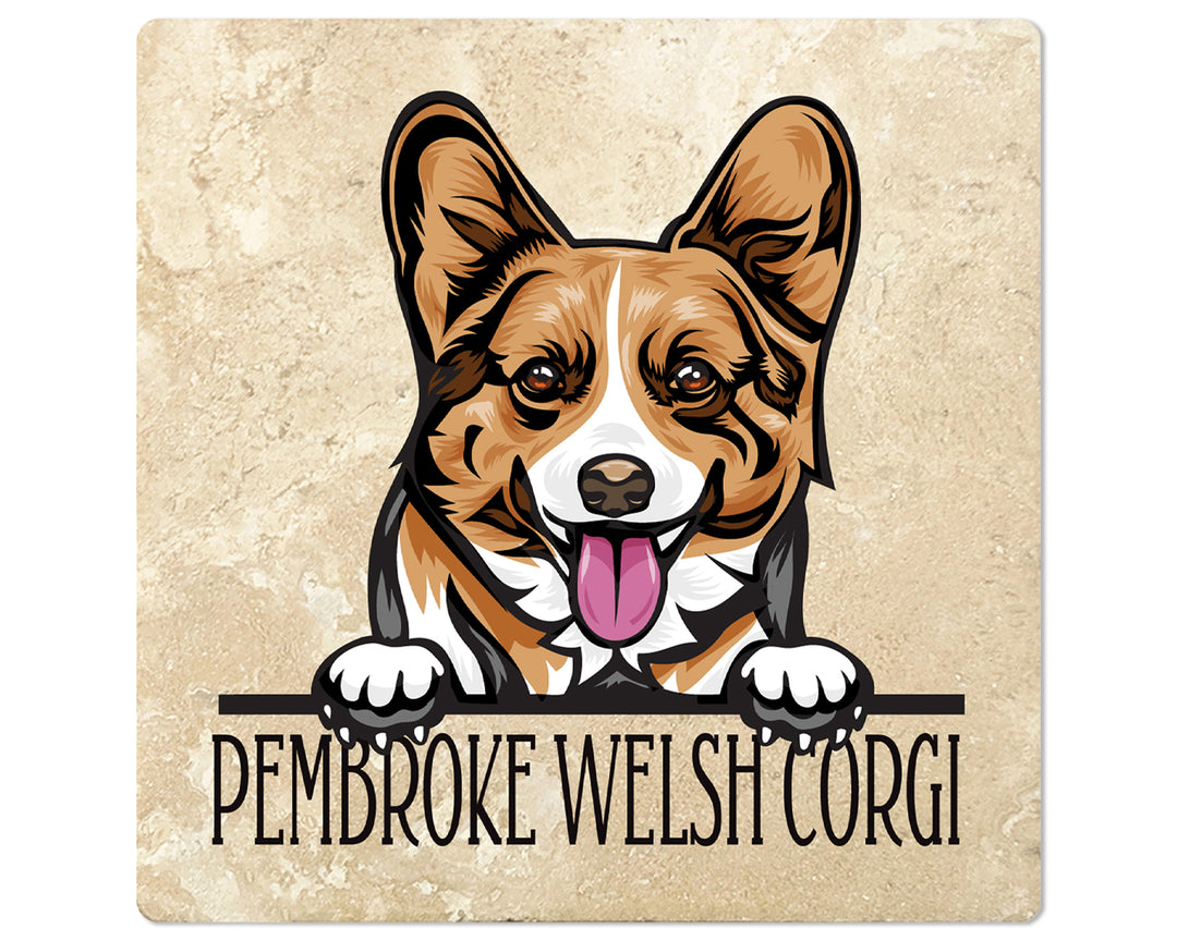 [Set of 4] 4" Premium Absorbent Travertine Dog Lovers Square Coaster - Pembroke Welsh Corgi