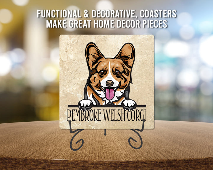 [Set of 4] 4" Premium Absorbent Travertine Dog Lovers Square Coaster - Pembroke Welsh Corgi