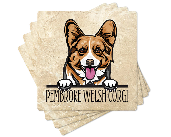 [Set of 4] 4" Premium Absorbent Travertine Dog Lovers Square Coaster - Pembroke Welsh Corgi