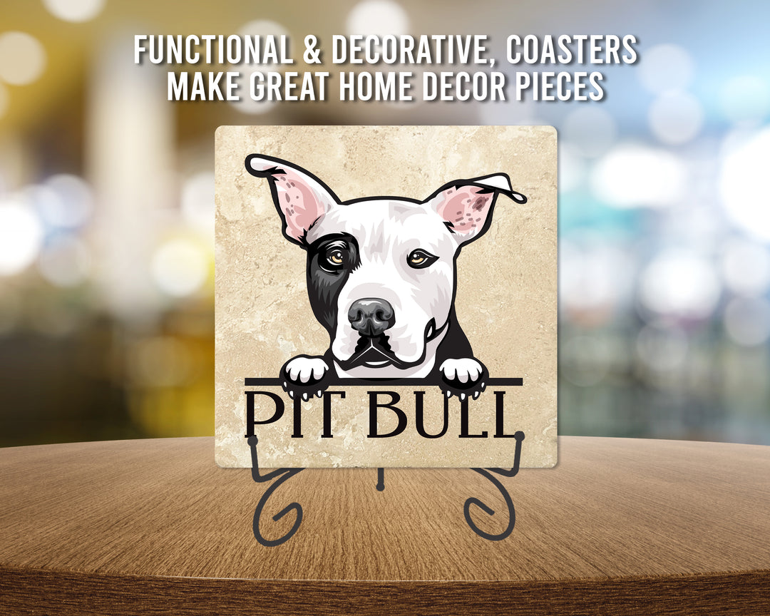 [Set of 4] 4" Premium Absorbent Travertine Dog Lovers Square Coaster - Adult Pit Bull