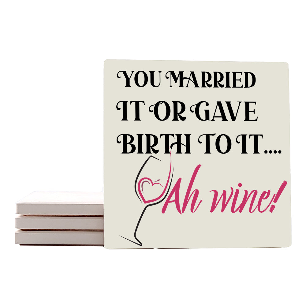 [Set of 4] 4" Premium Absorbent Ceramic Square Coaster Set | "I Love Wine" Funny Quotes Collection Coasters| Set of 4