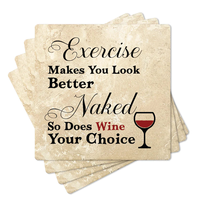 4" Square Travertine Coaster Set Funny "I Love Wine" Collection - Wine or Exercise, 4/Box, 2/Case, 8 Pieces. - Christmas by Krebs Wholesale