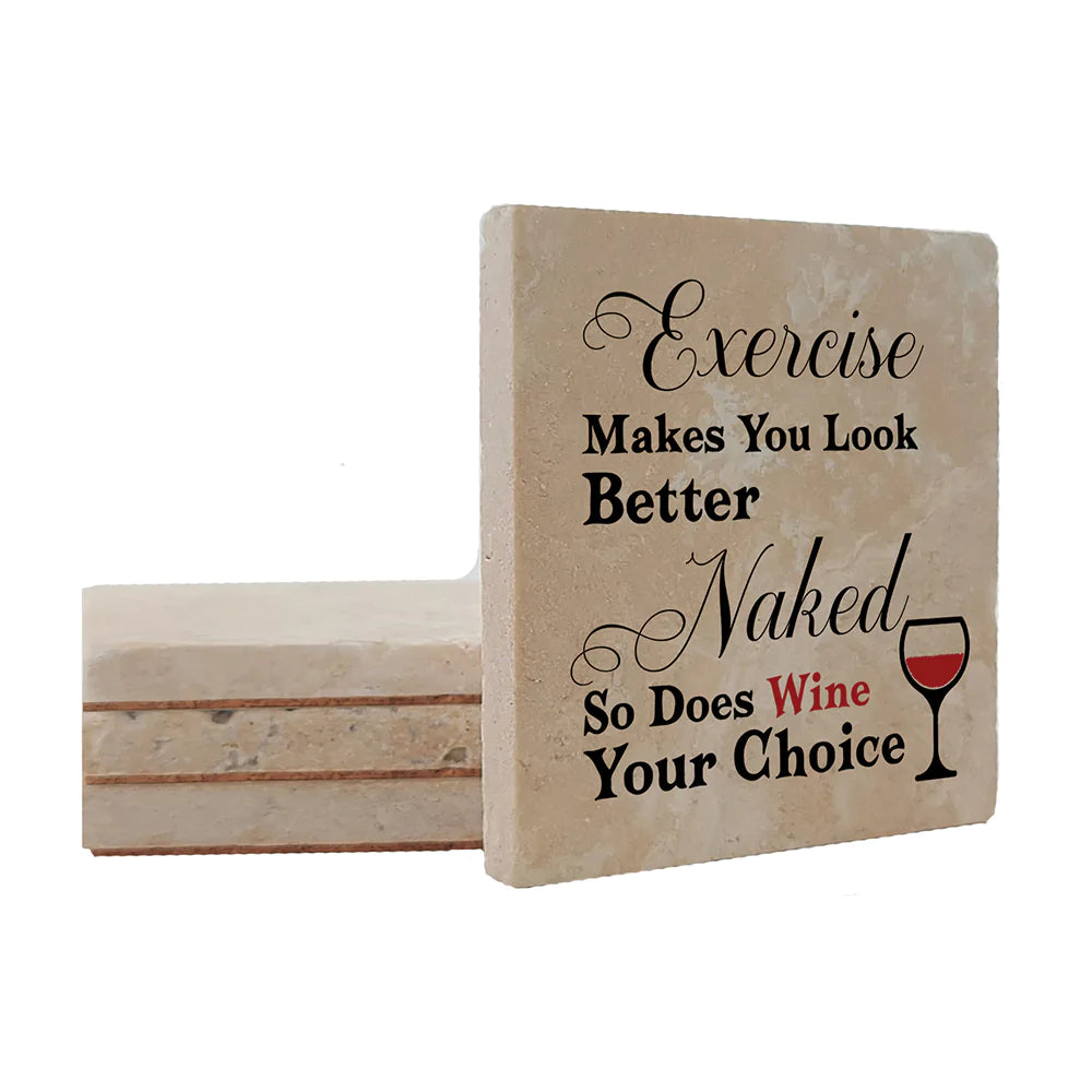 4" Square Travertine Coaster Set Funny "I Love Wine" Collection - Wine or Exercise, 4/Box, 2/Case, 8 Pieces. - Christmas by Krebs Wholesale