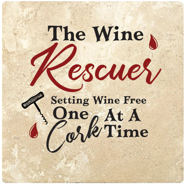 4" Square Travertine Coaster Set Funny "I Love Wine" Collection - Wine Rescuer, 4/Box, 2/Case, 8 Pieces. - Christmas by Krebs Wholesale