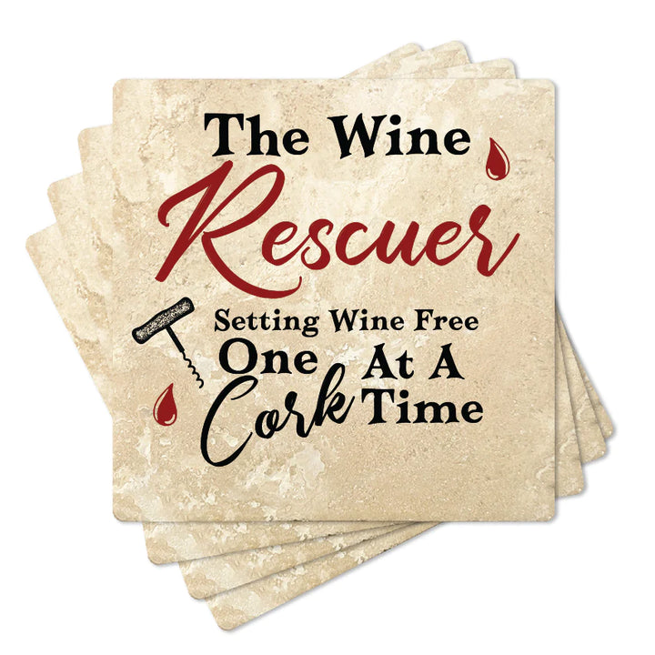 4" Square Travertine Coaster Set Funny "I Love Wine" Collection - Wine Rescuer, 4/Box, 2/Case, 8 Pieces. - Christmas by Krebs Wholesale