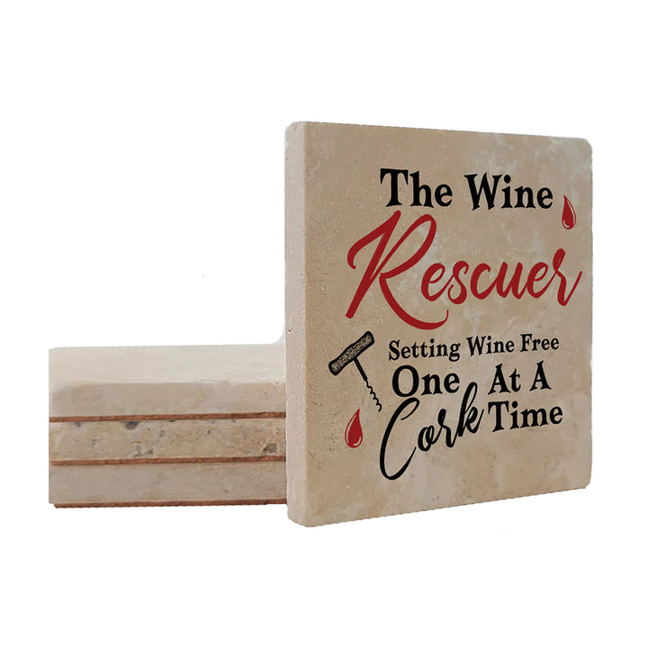 4" Square Travertine Coaster Set Funny "I Love Wine" Collection - Wine Rescuer, 4/Box, 2/Case, 8 Pieces. - Christmas by Krebs Wholesale