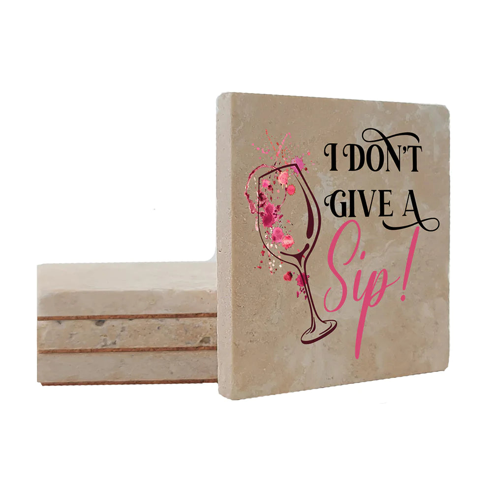 4" Square Travertine Coaster Set Funny "I Love Wine" Collection - Give a Sip, 4/Box, 2/Case, 8 Pieces. - Christmas by Krebs Wholesale