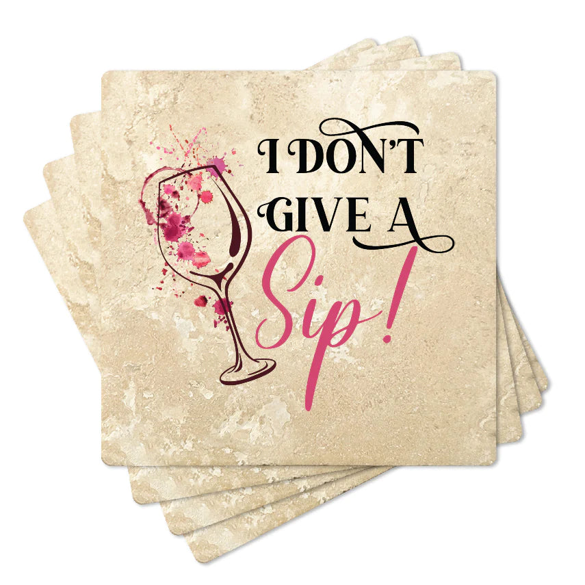 4" Square Travertine Coaster Set Funny "I Love Wine" Collection - Give a Sip, 4/Box, 2/Case, 8 Pieces. - Christmas by Krebs Wholesale