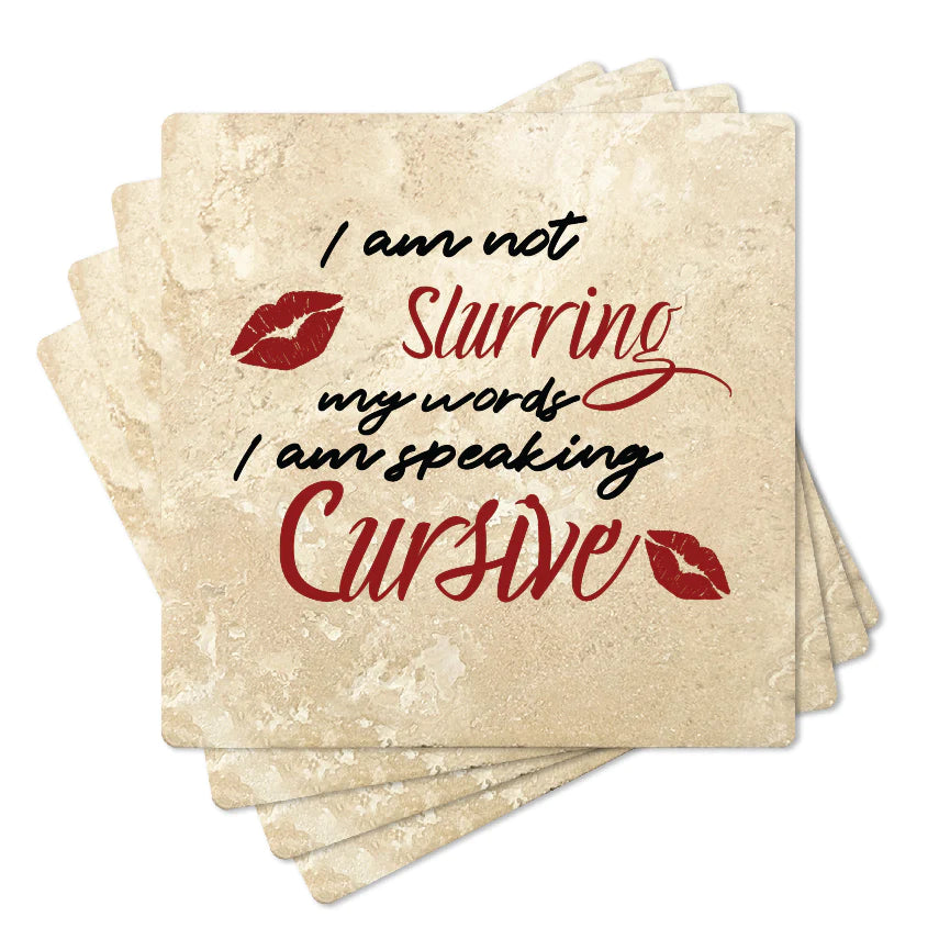 4" Square Travertine Coaster Set Funny "I Love Wine" Collection - Speaking Cursive, 4/Box, 2/Case, 8 Pieces. - Christmas by Krebs Wholesale