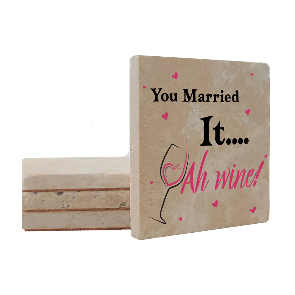 4" Square Travertine Coaster Set Funny "I Love Wine" Collection - Ah Wine, 4/Box, 2/Case, 8 Pieces. - Christmas by Krebs Wholesale