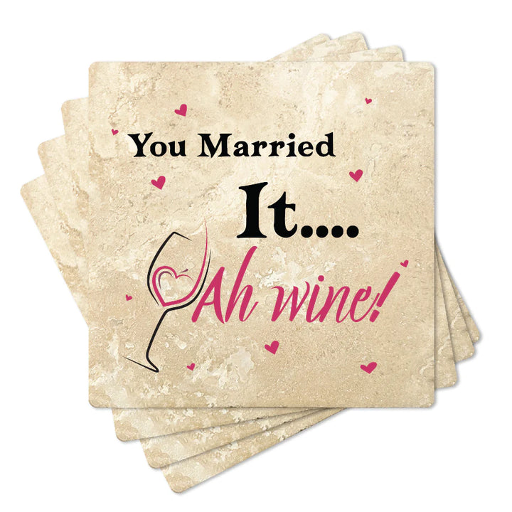 4" Square Travertine Coaster Set Funny "I Love Wine" Collection - Ah Wine, 4/Box, 2/Case, 8 Pieces. - Christmas by Krebs Wholesale