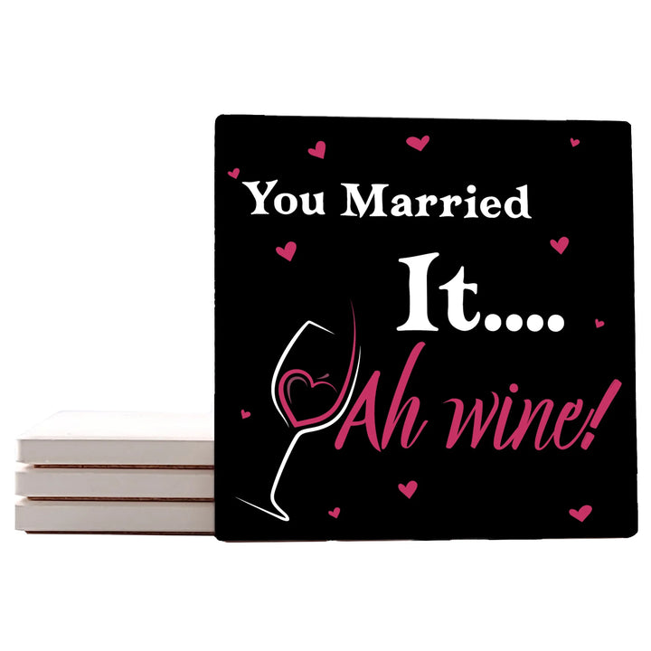 4" Square Ceramic Coaster Set Funny "I Love Wine" Collection - Ah Wine, 4/Box, 2/Case, 8 Pieces. - Christmas by Krebs Wholesale