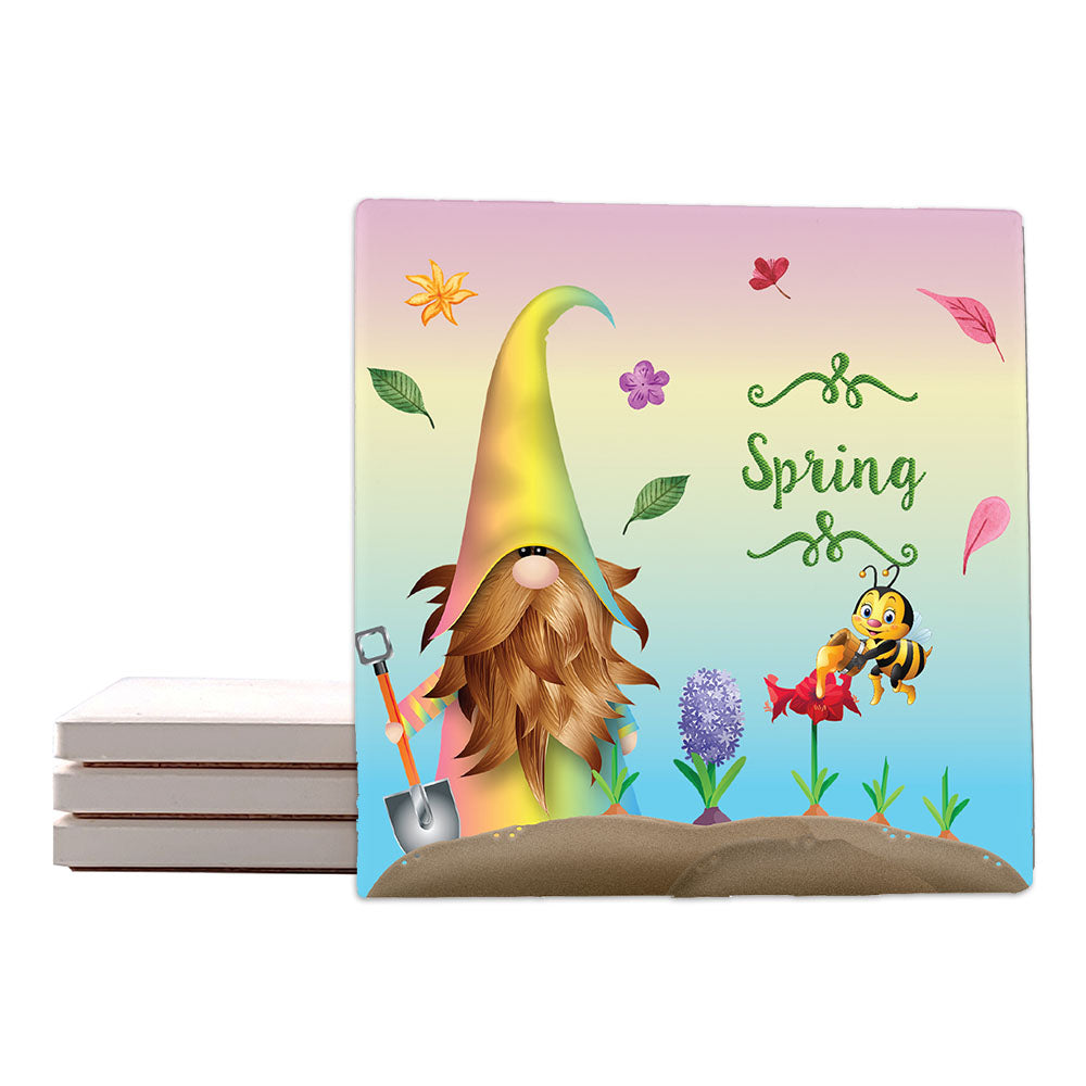 [Set of 4] 4" Premium Absorbent Ceramic Square Coaster Set | "Gnomes" Collection Coasters| Set of 4