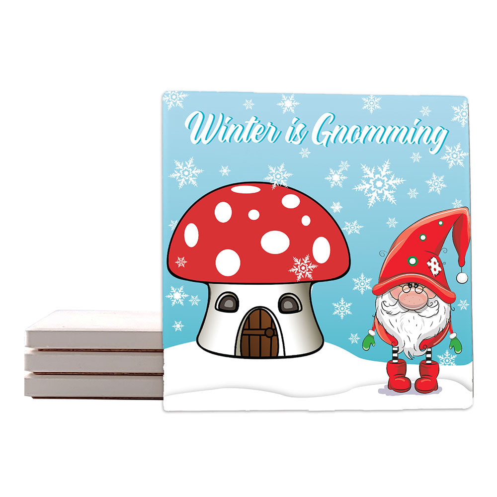 [Set of 4] 4" Premium Absorbent Ceramic Square Coaster Set | "Gnomes" Collection Coasters| Set of 4