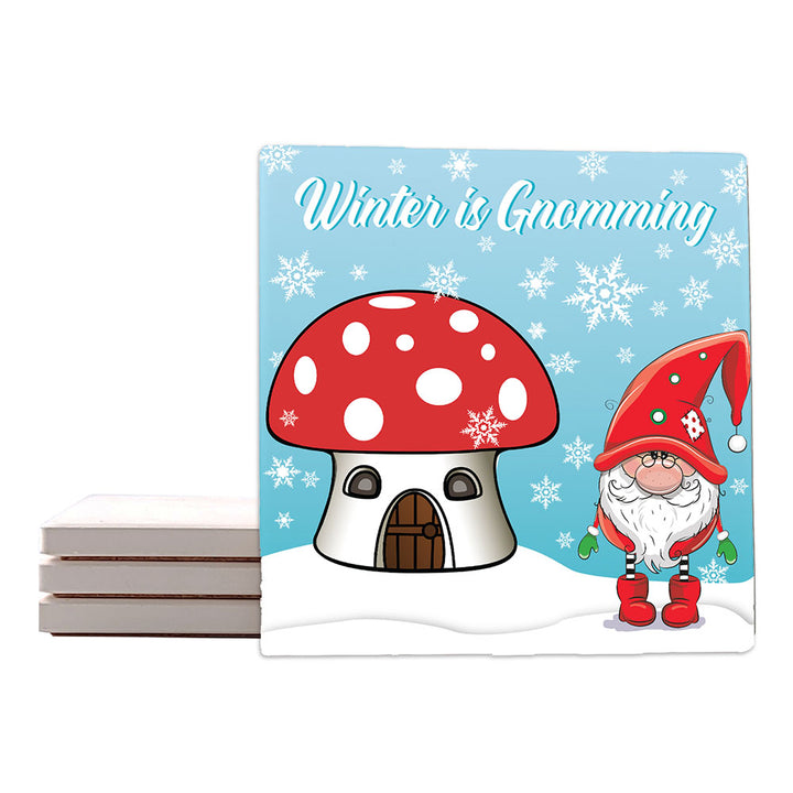 [Set of 4] 4" Premium Absorbent Ceramic Square Coaster Set | "Gnomes" Collection Coasters| Set of 4
