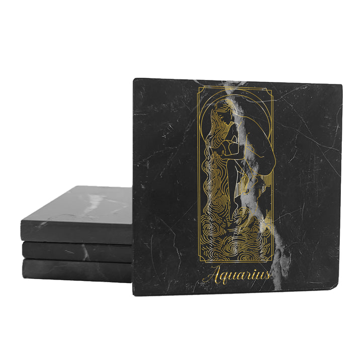 Krebs Bar Coaster Set of 4-4" Black Marble Stone |  Zodiac Tarot | Birthday Gift