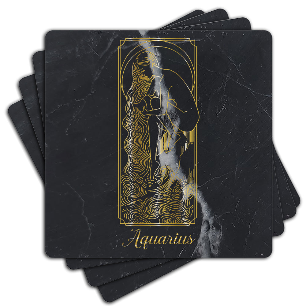 Krebs Bar Coaster Set of 4-4" Black Marble Stone |  Zodiac Tarot | Birthday Gift
