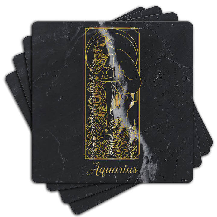 Krebs Bar Coaster Set of 4-4" Black Marble Stone |  Zodiac Tarot | Birthday Gift