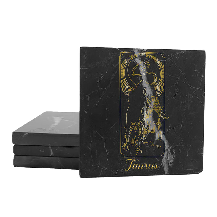 Krebs Bar Coaster Set of 4-4" Black Marble Stone |  Zodiac Tarot | Birthday Gift