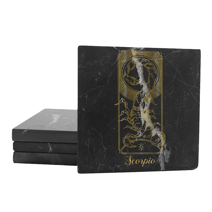 Krebs Bar Coaster Set of 4-4" Black Marble Stone |  Zodiac Tarot | Birthday Gift