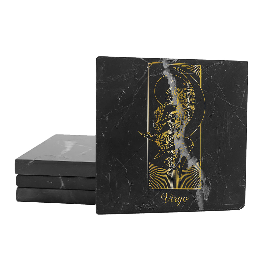 Krebs Bar Coaster Set of 4-4" Black Marble Stone |  Zodiac Tarot | Birthday Gift