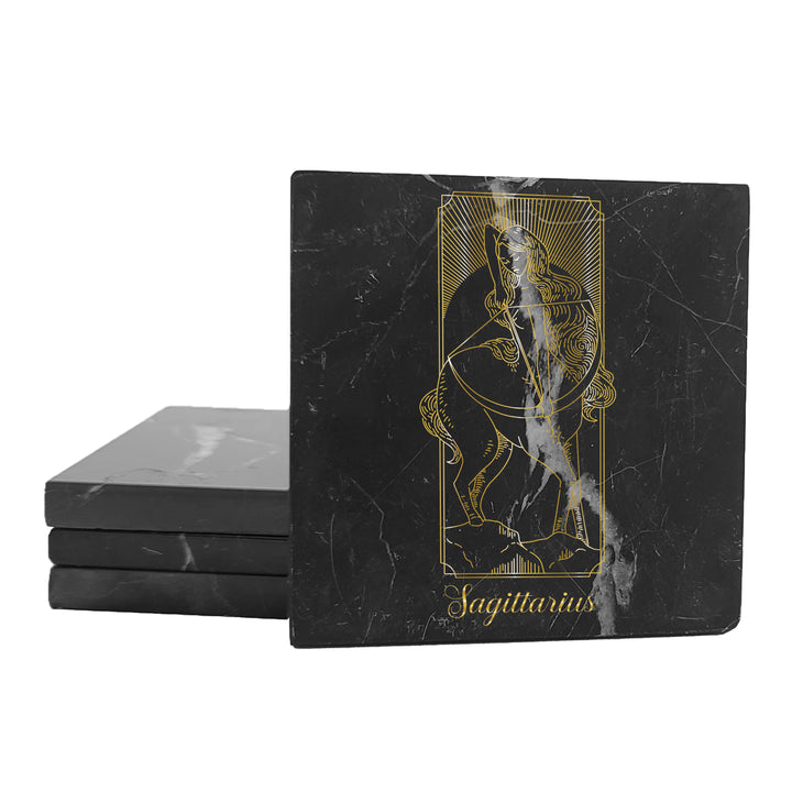 Krebs Bar Coaster Set of 4-4" Black Marble Stone |  Zodiac Tarot | Birthday Gift