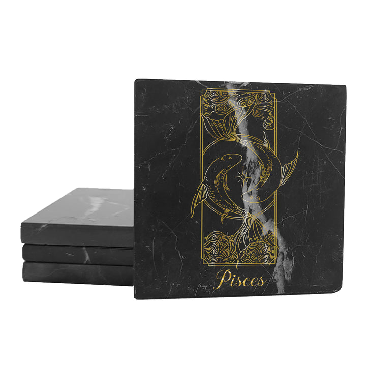 Krebs Bar Coaster Set of 4-4" Black Marble Stone |  Zodiac Tarot | Birthday Gift