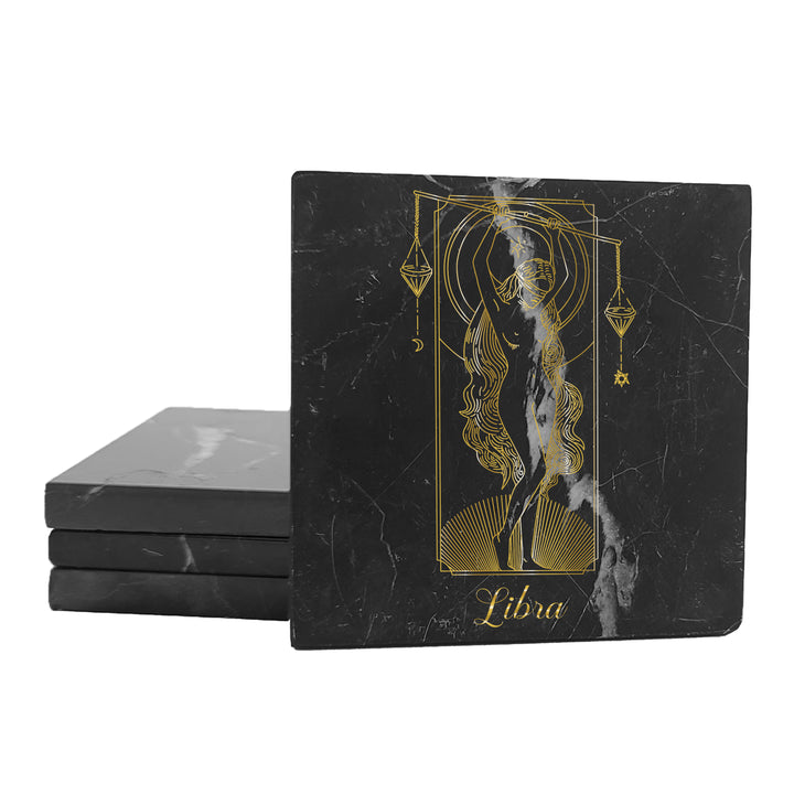 Krebs Bar Coaster Set of 4-4" Black Marble Stone |  Zodiac Tarot | Birthday Gift