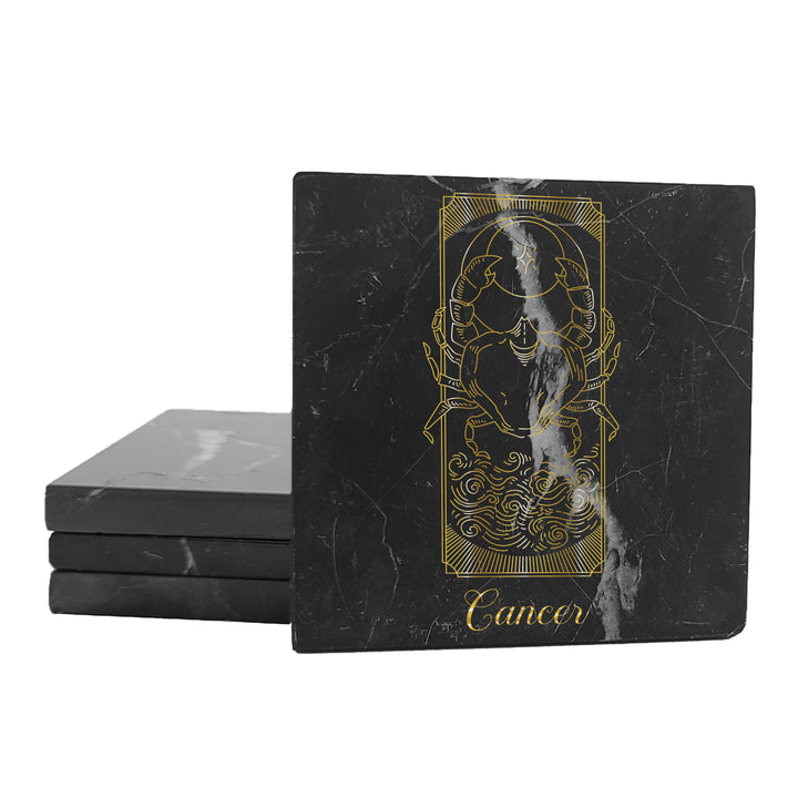 Krebs Bar Coaster Set of 4-4" Black Marble Stone |  Zodiac Tarot | Birthday Gift