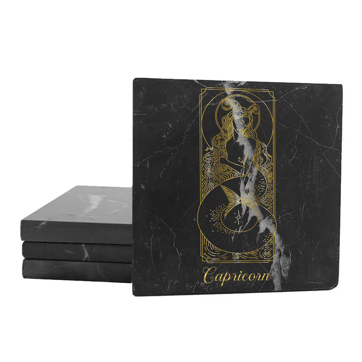 Krebs Bar Coaster Set of 4-4" Black Marble Stone |  Zodiac Tarot | Birthday Gift
