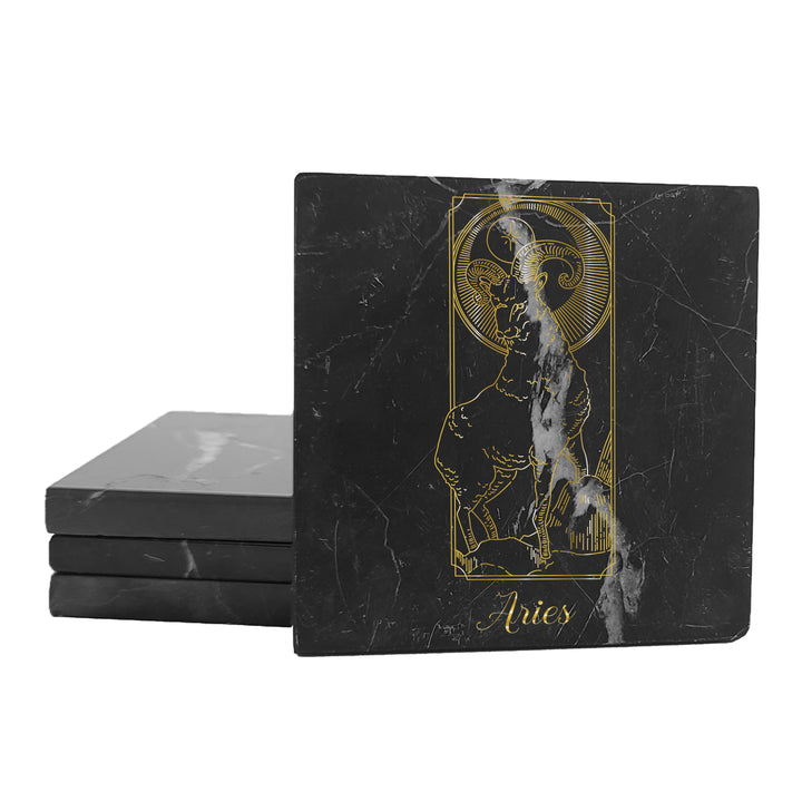 Krebs Bar Coaster Set of 4-4" Black Marble Stone |  Zodiac Tarot | Birthday Gift