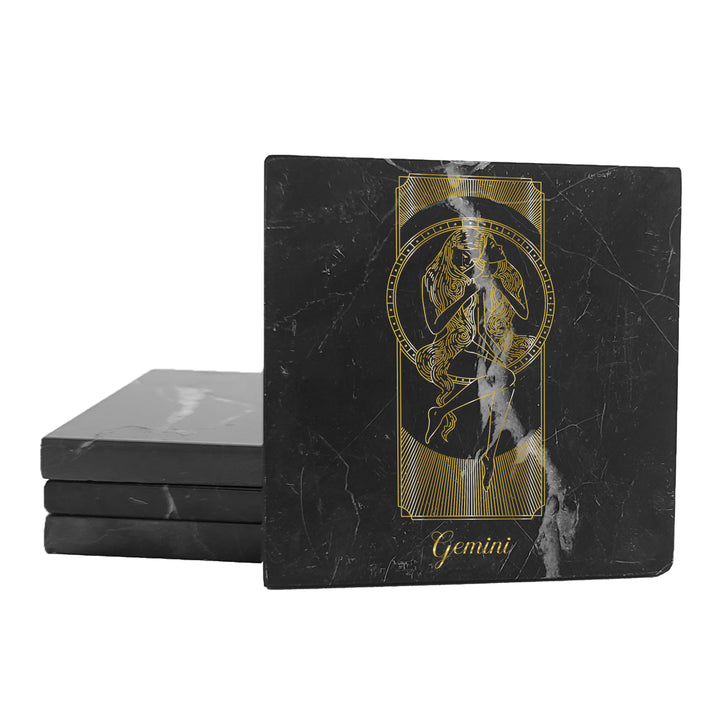 Krebs Bar Coaster Set of 4-4" Black Marble Stone |  Zodiac Tarot | Birthday Gift
