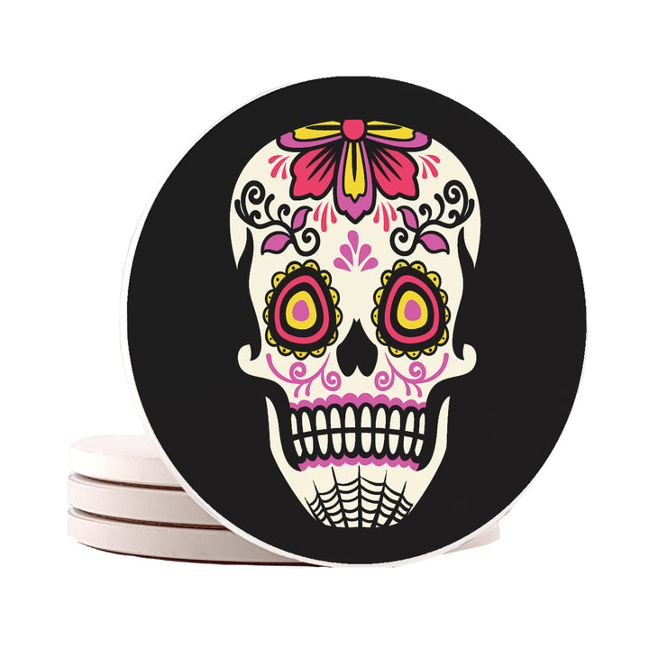 Krebs Sugar Skull Ceramic Coaster Set of 4-4" | Day of the Dead Gift, Halloween, Bar Accessories, Man Cave, Home Décor