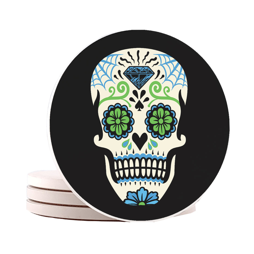 Krebs Sugar Skull Ceramic Coaster Set of 4-4" | Day of the Dead Gift, Halloween, Bar Accessories, Man Cave, Home Décor