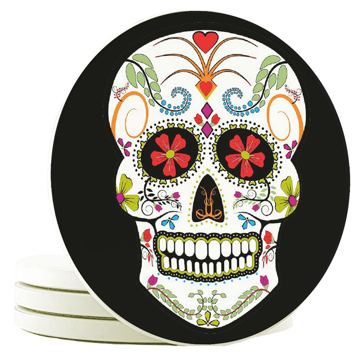 Krebs Sugar Skull Ceramic Coaster Set of 4-4" | Day of the Dead Gift, Halloween, Bar Accessories, Man Cave, Home Décor