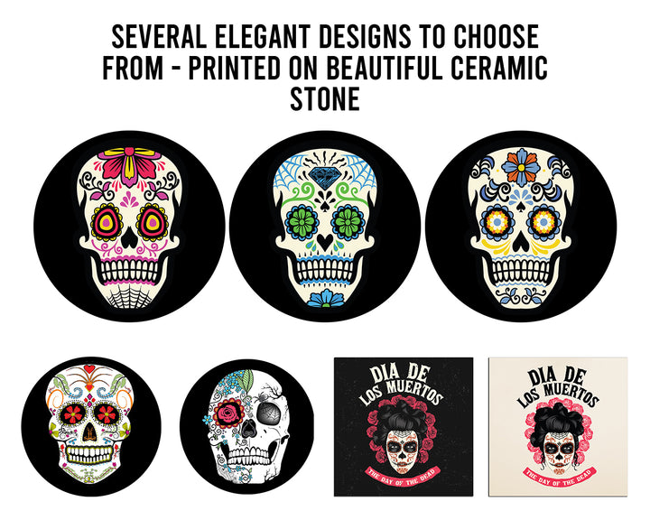 Krebs Sugar Skull Ceramic Coaster Set of 4-4" | Day of the Dead Gift, Halloween, Bar Accessories, Man Cave, Home Décor