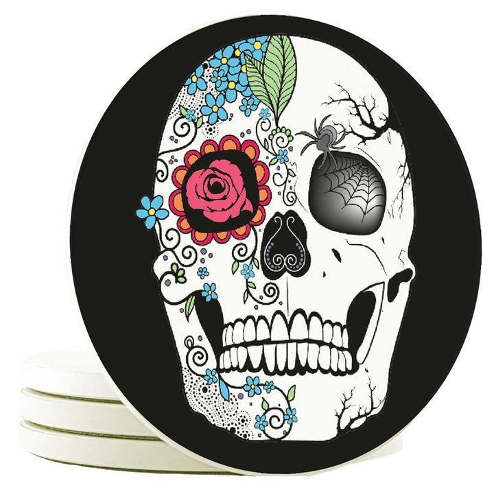 Krebs Sugar Skull Ceramic Coaster Set of 4-4" | Day of the Dead Gift, Halloween, Bar Accessories, Man Cave, Home Décor